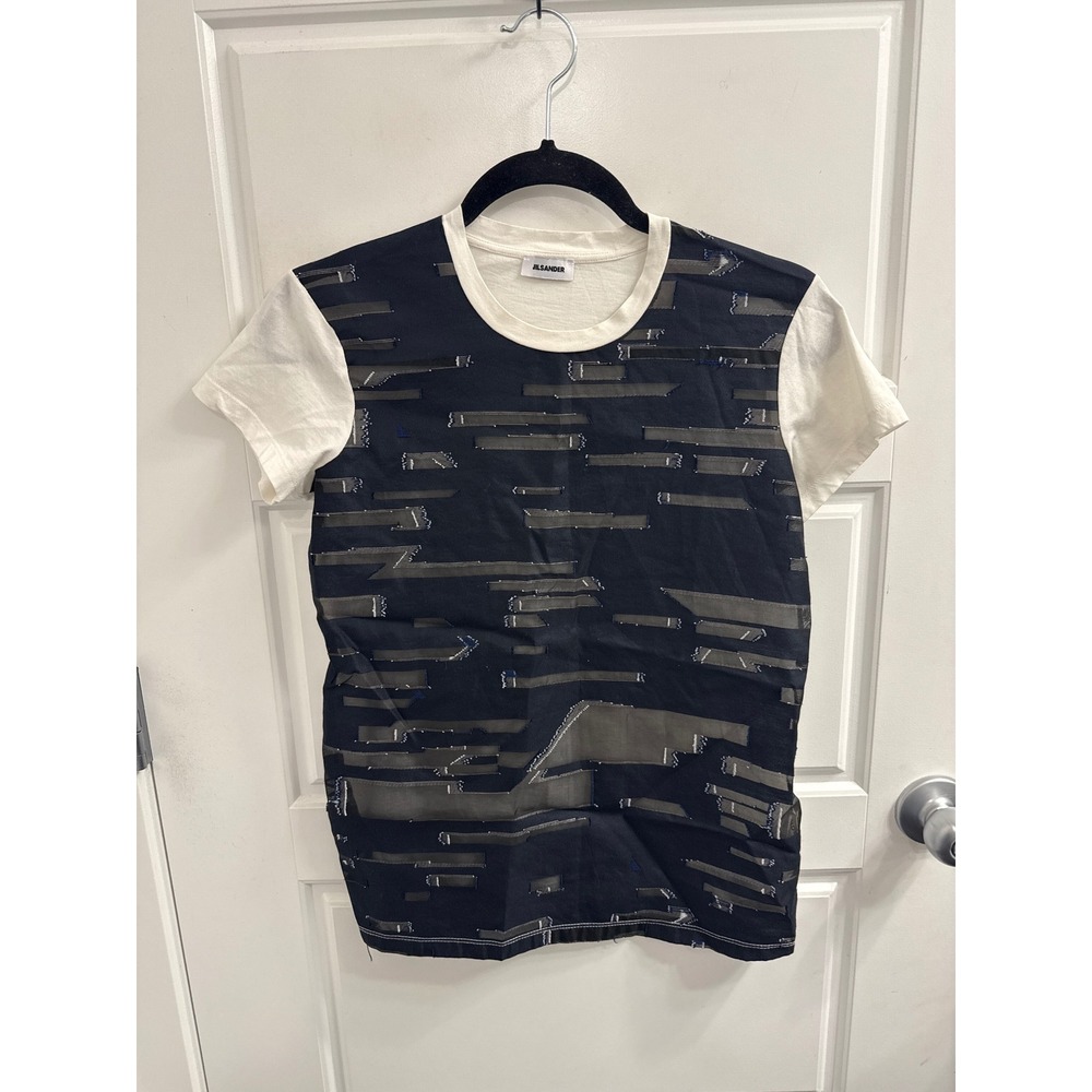 Jil Sander Navy White Deconstructed Mixed Media Silk Blend T-Shirt Small Italy